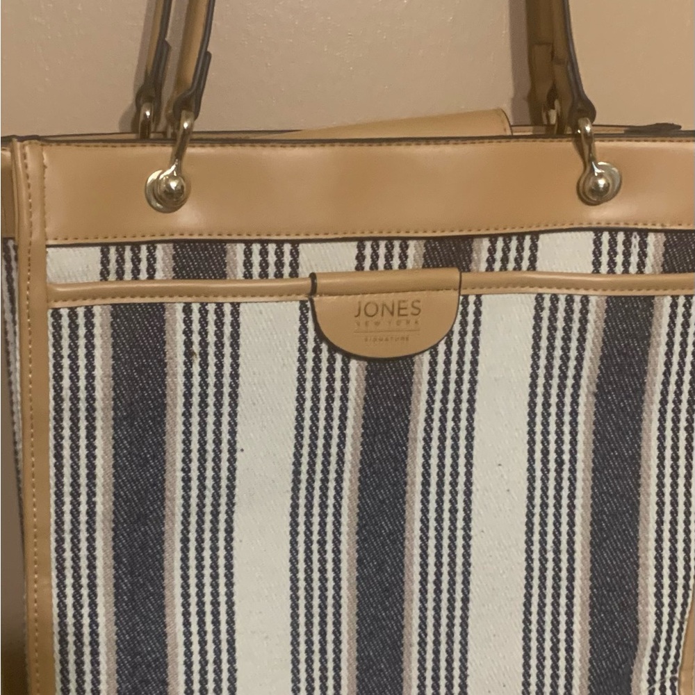 Jones New York Tan and Blue Striped Tote